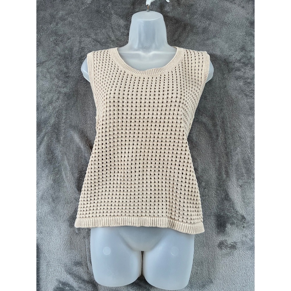 Akris Punto Crochet Sweater Top Womens Size 12 Tan Beige Open Knit